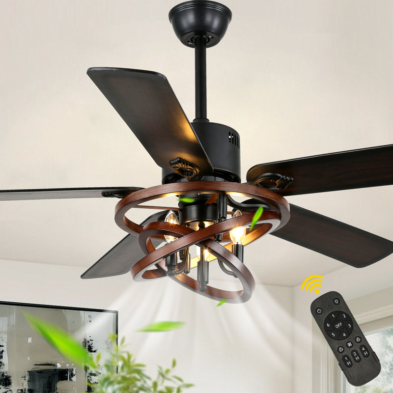 Ventilateur de plafond noir 52 po avec ensemble d'éclairage et télécommande, moteur à 6 vitesses CC, ventilateur de plafond réglable en forme de bricolage pour chambre à coucher, salon