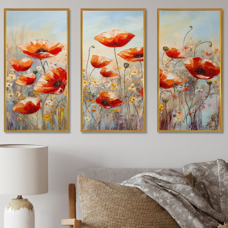 Red Poppies Blossoming II - ensemble d'art mural champ de fleurs, Cadre flottant doré, H 28 po x l 36 po x P 1 po