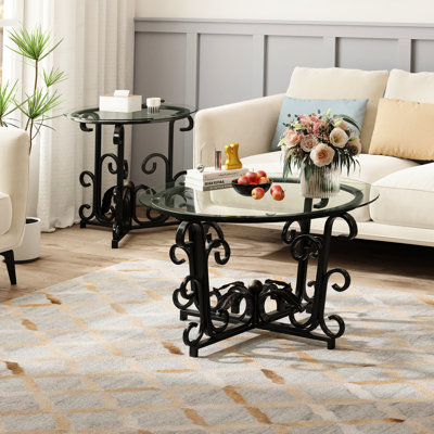 3 tables basses, petits espaces, verre trempé épais de 5 mm, salon moderne à cadre noir avec verre lisse et métal