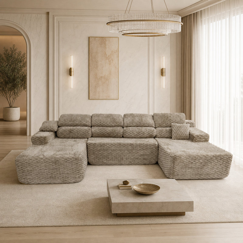 Canapé modulaire en U moelleux en forme de U de 137,8 po avec coussins double couche, Cream Flannel