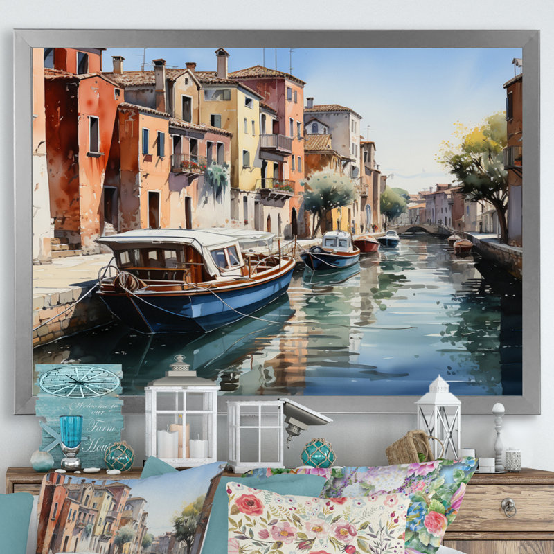 «Beige Canal Watercolor Whimsy III», reproduction sur toile, H 24 po x l 32 po x P 1 po, Cadre photo argenté