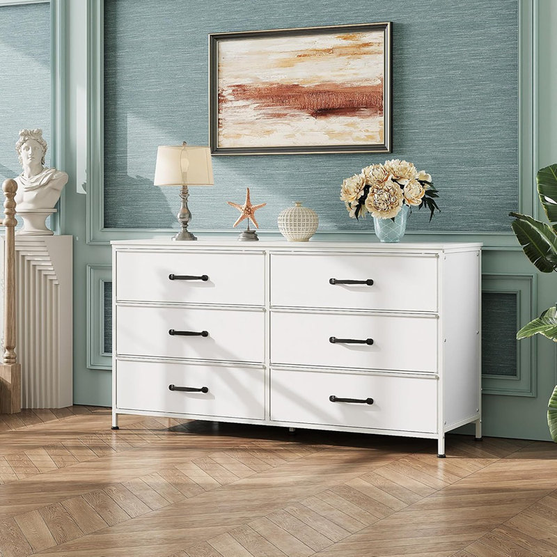  Commode 6 tiroirs pour chambre à coucher, grand meuble télé blanc pour commode 50, 55, 60 pouces