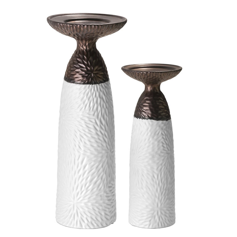 Two Tone Textured Porcelain Table Top Pillar Candle Holder 2 Piece Set - Modern Minimalist Decorative Accent for Living Room Fireplace Mantel or Dining Room
