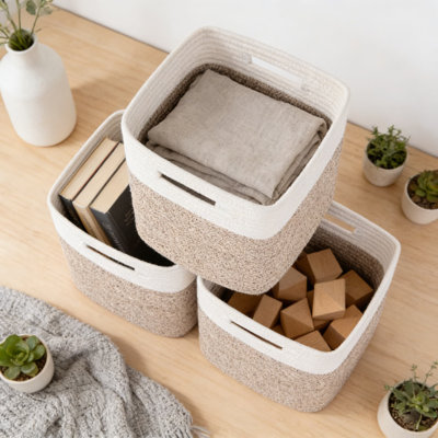 Collapsible Storage Baskets 3-Pack, 11 Inch Woven Cotton Rope Organizer Bins For Shelves, Closet, Nursery, And Home Organization