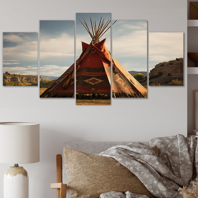 Corail Tipi natif des ombres de l'héritage - Native American Wall Art Living Room - 5 panneaux