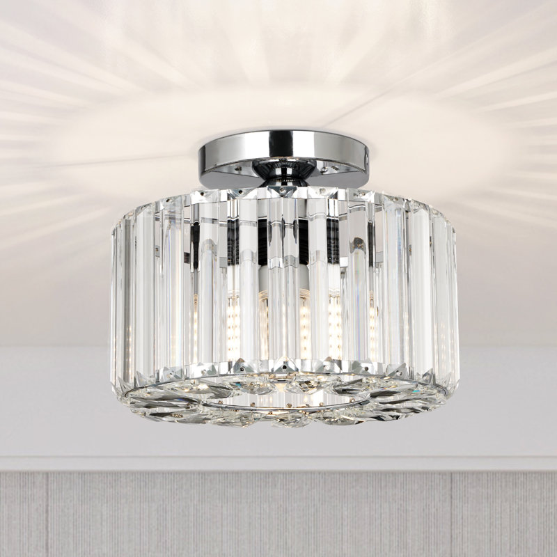 1 - Light 9.05" Crystal Semi Flush Ceiling Light Modern Crystal Chrome Fixture for Living Room Hallway Bedroom, Chrome