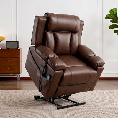 Dual Motor Power Lift Chair With Heat And Massage For Elderly, Big And Tall Leather Recliners With Remote Control Infinite Position, Cup Holders,Medium Mocha