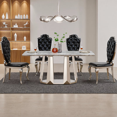 70" Gold & White Faux Marble Dining Table for 6 with Stainless Steel Base - Modern Large Rectangular Kitchen Table