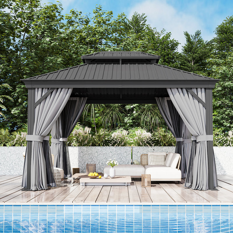 Pavillon de jardin extérieur à toit rigide 12 'x 10' avec double toit, rideaux et filet, 12' x 10'