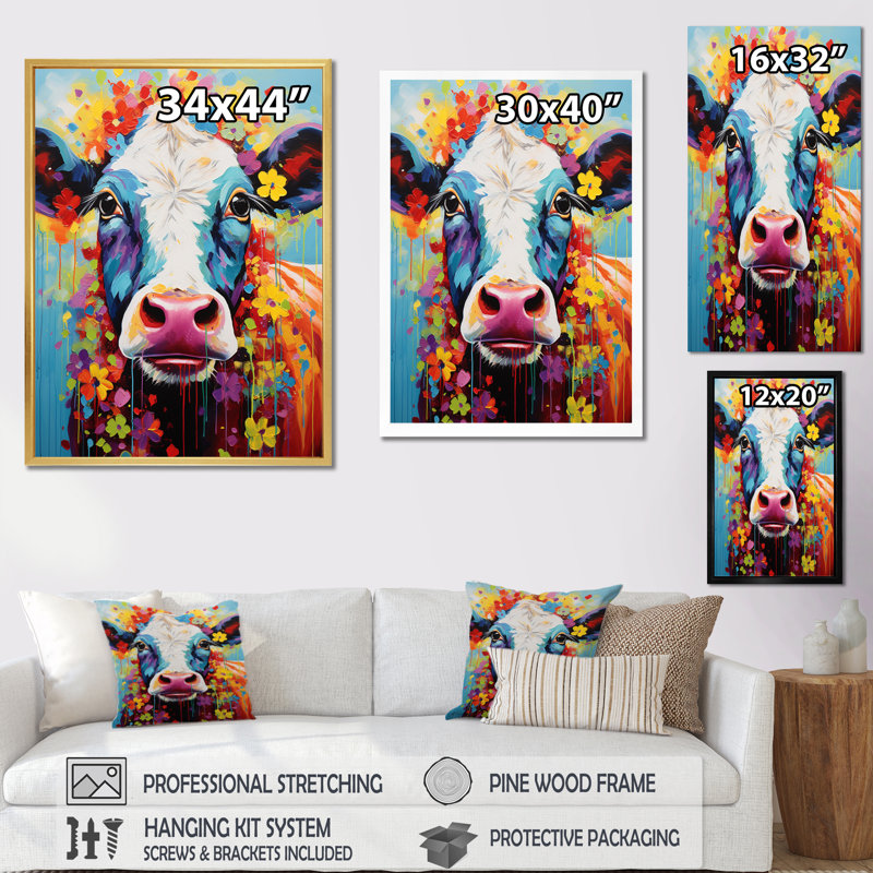 Vache fantaisie - art mural, H 32 po x l 24 po x P 1 po, Cadre flottant blanc