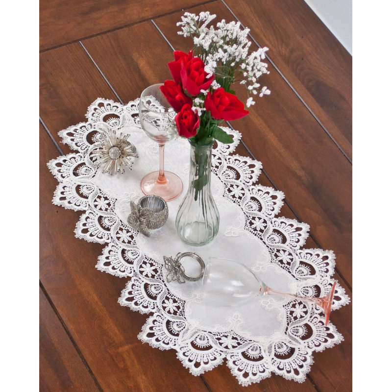 Colfontaine White European Lace and Antique Jacquard Fabric Table Runner, 27" x 14"