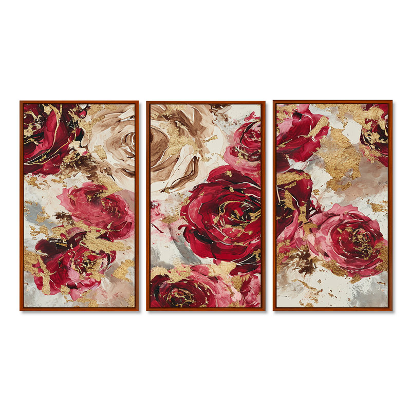 Ensemble de salon d'art mural Mallie - Roses, H 40 po x l 60 po x P 1 po, Cadre flottant brun