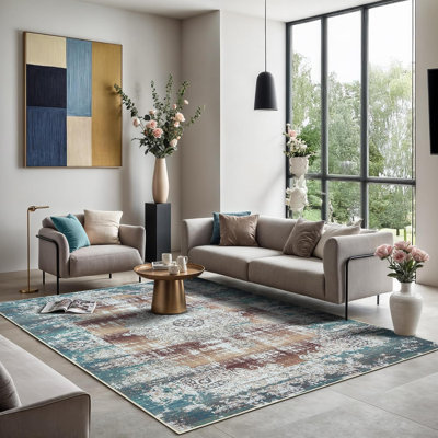 GLN Rugs Collection Vintage - tapis lavable à la machine, tapis lavable rétro, tapis antidérapant, tapis de salon à poils courts, tapis de chambre à coucher, tapis de salle de bain - facile à nettoyer (tapis bleu et brun clair)