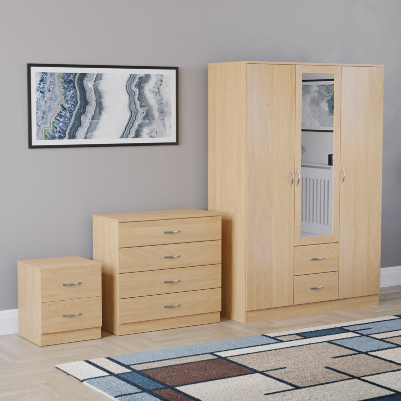 Maybery 3 Piece Bedroom Set (2 Drawer Bedside Chest, 4 Drawer Chest, 3 Door 2 Drawer Mirrored Wardrobe), (5), Pine