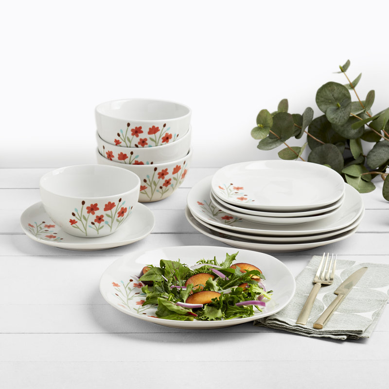 Caroline White Floral Porcelain Square Dinnerware Set, Service for 4
