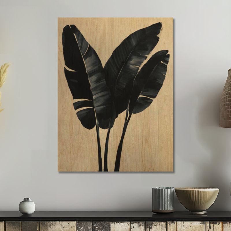 Feuilles de bananier encrées I - Impression d'art mural botanique en bois noir, H 32 po x l 24 po, Rectangle