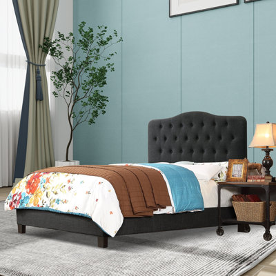 Upholstered Button-tufted Platform Bed Frame with Adjustable Height Headboard