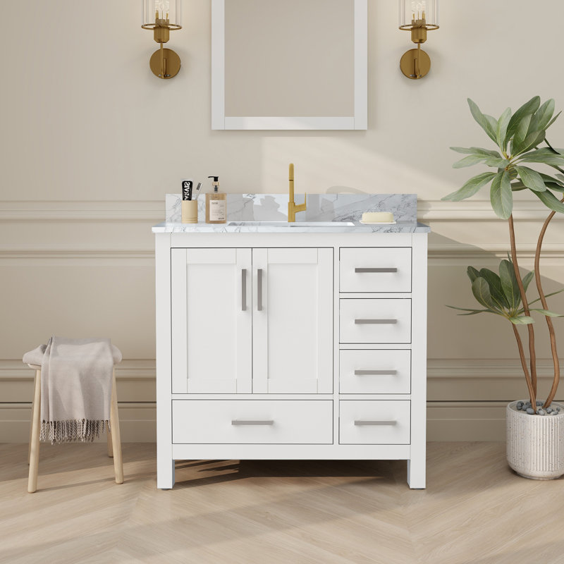 Riverford 36'' Fully Assembled Single Bathroom Vanity With Solid Surface White Granite Top, White, 36"