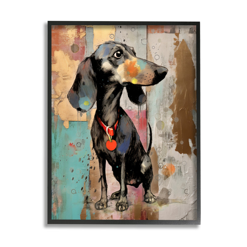 Teckel, collage moderne, impression sur bois, Giclée encadrée noir minuit, H 14 po x l 11 po x P 1,5 po