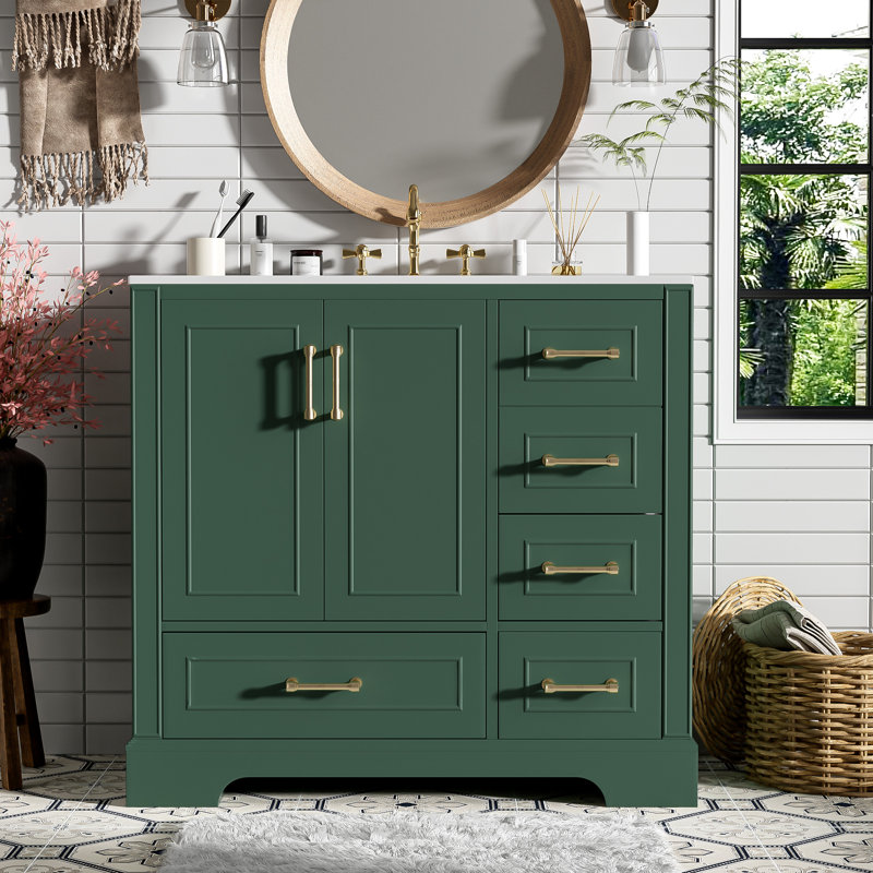 36" Single Bathroom Vanity With Ceramic Sink, Green, Gold