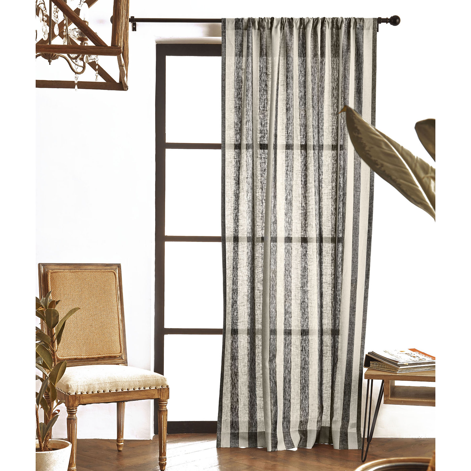 Striped Pure Linen Semi-Sheer Curtain Panel, Black and Natural, 52" W x 108" L