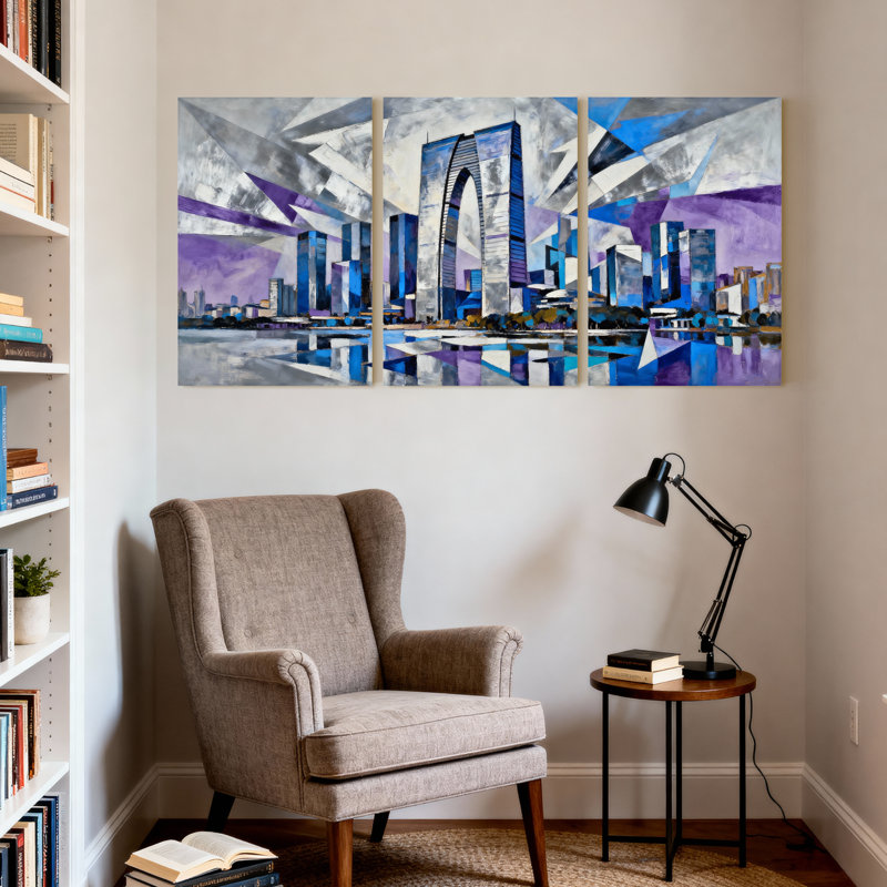 Ensemble de 3 toiles d'art urbain sur fond de villes et de pays abstraits avec gratte-ciels modernes et reflets