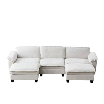 Luxury 3-Seater U-Shape Sofa with Two Ottomans, Soft Chenille Upholstery, Living Room Furniture - Beige