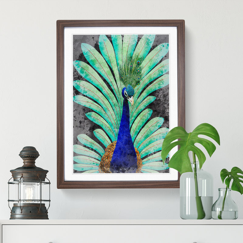 Peacock Watercolour No.2 - Single Picture Frame Painting, 64cm H x 46cm W x 2cm D, Walnut Framed