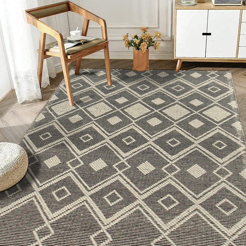Black Handwoven Wool Striated Diamond Geometric Modern Contemporary Carpet Rug, 5' x 8'