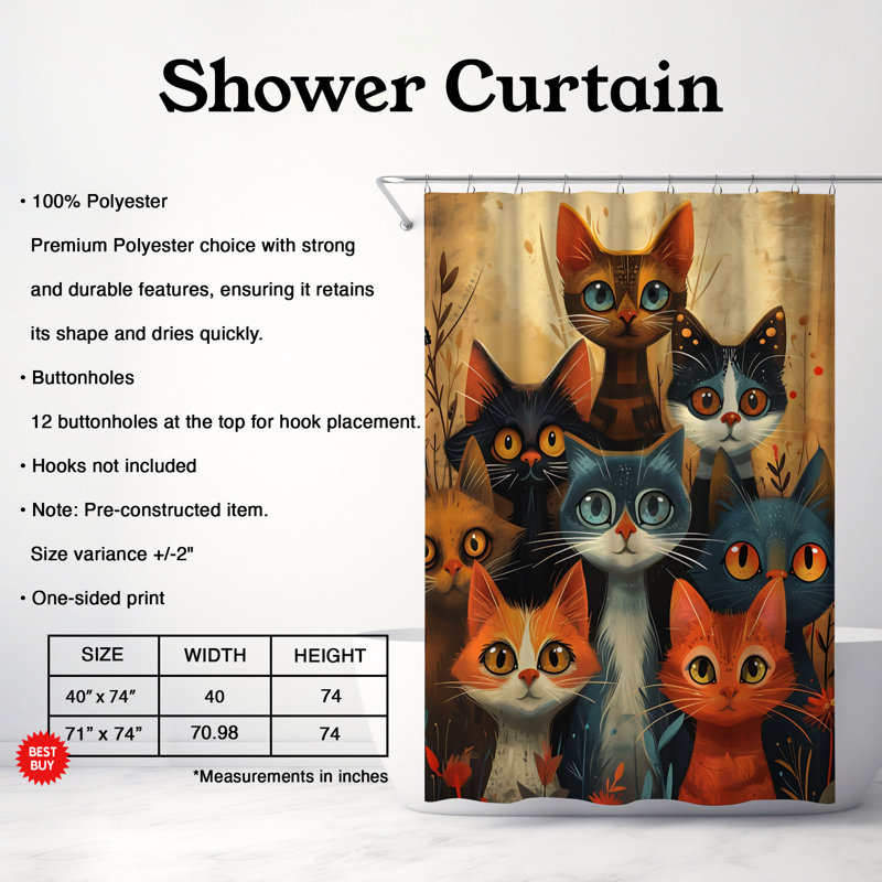 Rideau de douche standard 1 pièce Kitty Colors, H 74 po x l 71 po