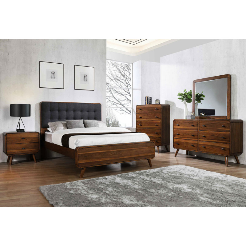 Très grand lit à panneaux très grand en noyer foncé pour chambre à coucher, avec une conception à profil bas et une tête de lit structurée, une chambre de 54,4 pouces de hauteur avec des compartiments de rangement