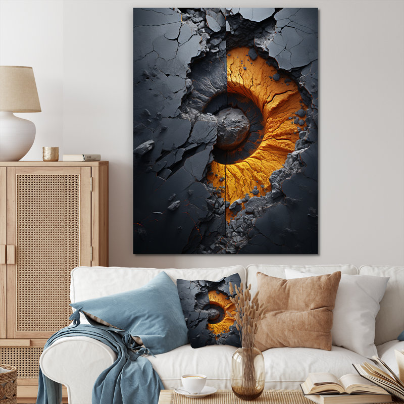 Volcan jaune en spirale de lave - art abstrait spirales murales, Black Picture Framed, 32" H x 16" W