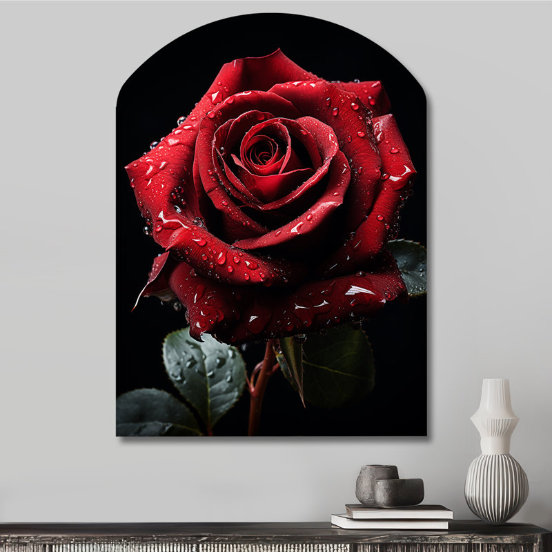 «Red Black Rose Elegance I», reproduction d'art asymétrique en métal, H 34 po x l 25 po