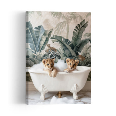 Lion Cubs Bubble Bath Abstract Palm Tree Landscape Nature Wall Art Print 1 Piece Wrapped Canvas Wall Art