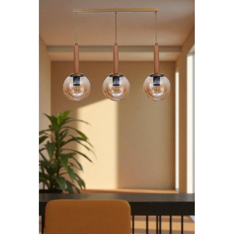 Élégant lustre en métal avec capuchon en verre, finition miel et chêne, hauteur réglable, 5,9 po x 5,9 po | Plaque de base: 21,7 po x 2,4 po x 1,2 po | 3 x douilles E27 (40 W maximum) | Éclairage moderne pour la salle à manger et les espaces de vie