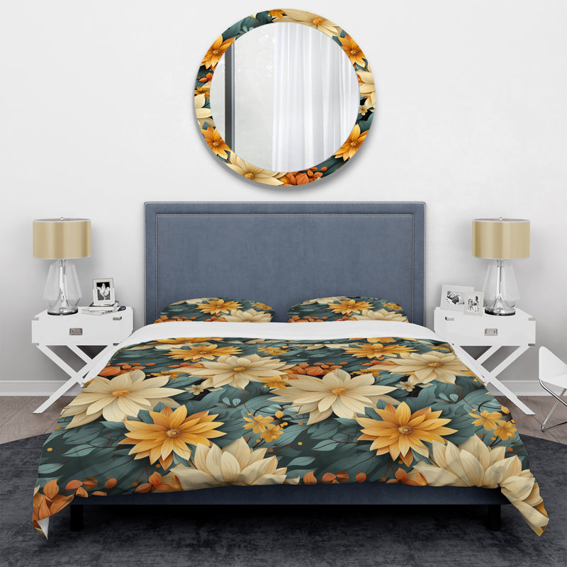Chrysanthemums Mandala Boho Pattern IV - Floral Duvet Cover Set, Housse de couette pour très grand lit et 2 très