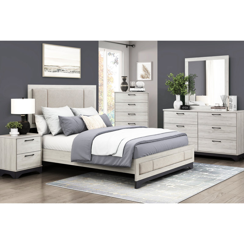 Lit plateforme double moderne pour chambre à coucher contemporaine, avec finition à deux tons et rails rembourrés, Lit double