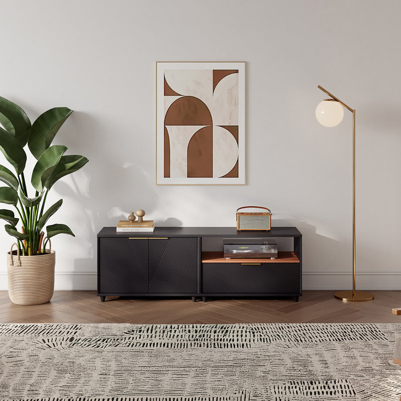 Meuble télé moderne avec rangement, Noir, 19.7" H x 59.1" L x 15.8" W