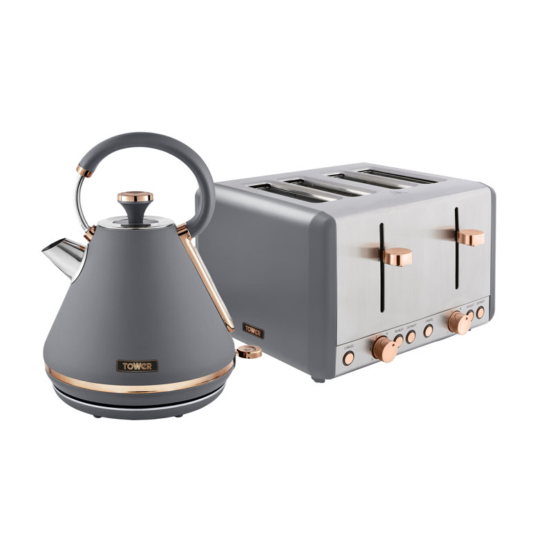 Tower Cavaletto Kitchen Set, 1.7L Rapid Boil Kettle & 4 Slice Toaster, Grey/Rose Gold