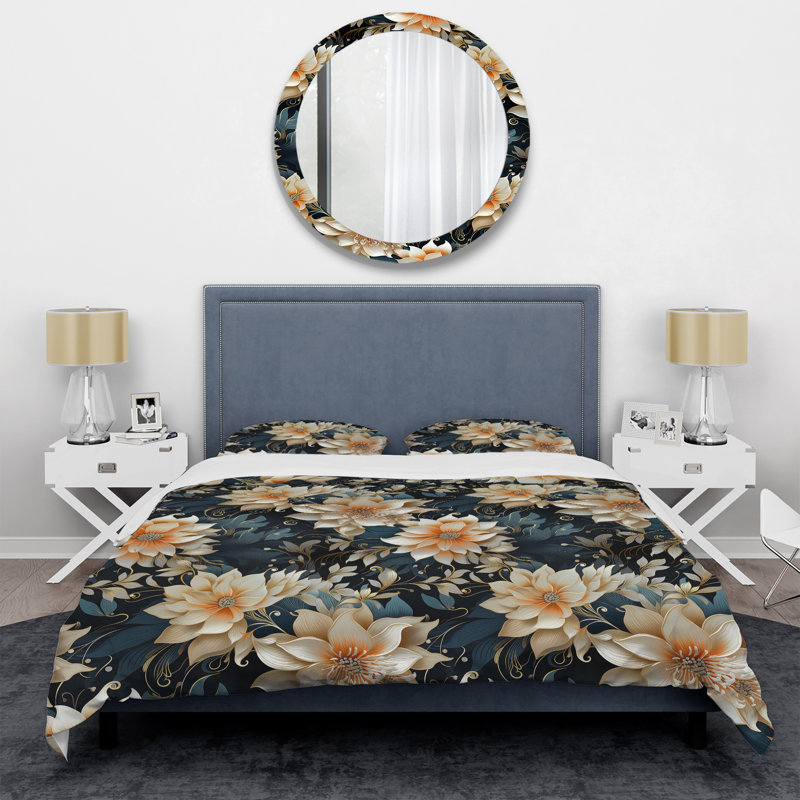 Literie luxueuse à motif de fleurs dorées et grises, Housse de couette simple + 1 taie décorative stan