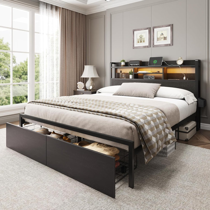 Full Modern Platform Bed Frame with 2 Storage Drawers, LED Lighting & Charging Station, No Box Spring Required, Full