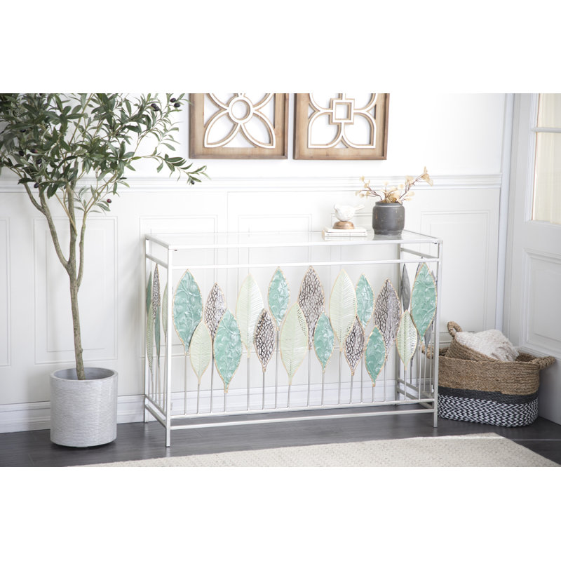 Metal Leaf Silver Console Table with Mirrored Glass Top