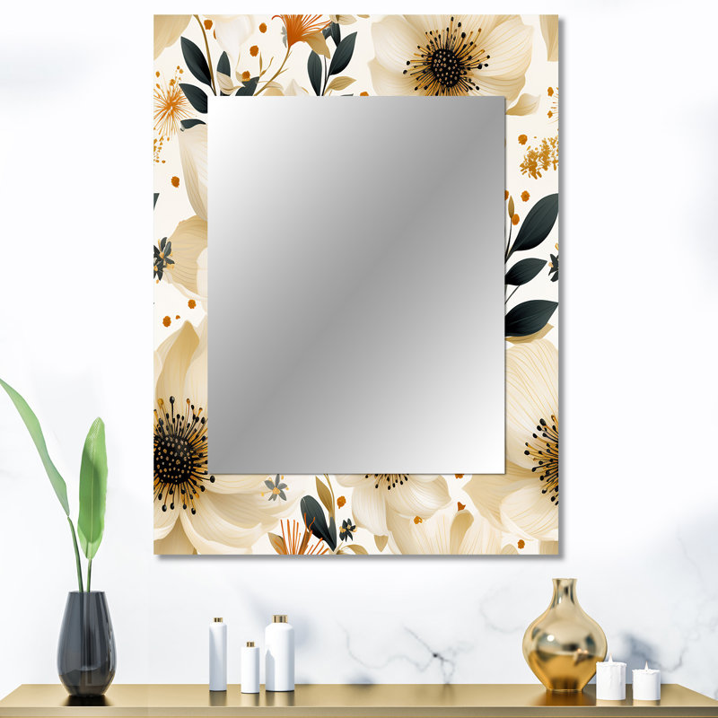 Dahlgreen Beige And Black Watercolor Floral Pattern - Floral Unique Wall Mirror, Cottage Mirror, Printed Metal Art, 40" x 30"