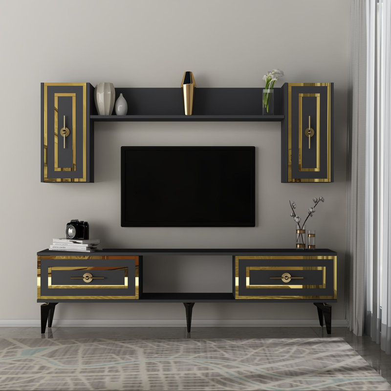 Meuble télé avec tablette murale Catena, anthracite moderne, 59,1 po x 17,6 po x 11,6 po Catena | Panneau de particules enduit 100% mélamine, couleur unie | Plusieurs tablettes, à fixation murale, élégantes et fonctionnelles pour le salon