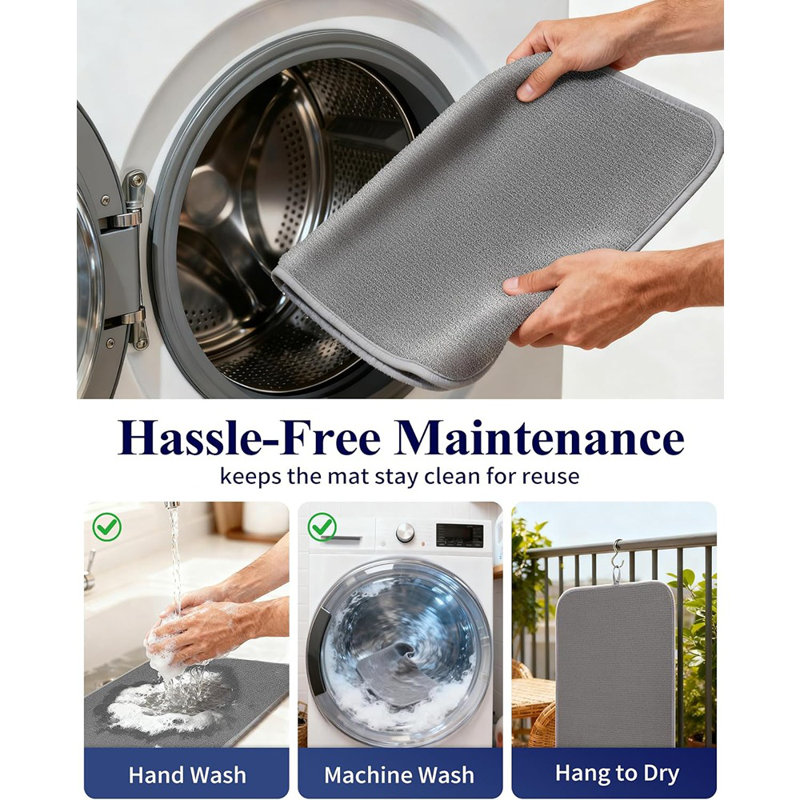 Dish Drying Mat – Dark Grey – 2 Pack, Washable Microfiber, 3-Layer Ultra Absorbent, Hanging Hook, Kitchen Counter Use