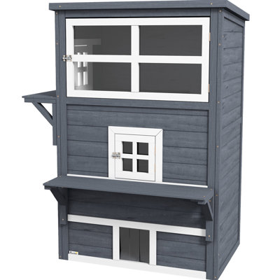 3-story Dark Gray Cat House, Outdoor Kitten . Features Raised Floor, Asphalt Roof, Escape Doors And Captivating Jump Platforms For Your Pet Cats Inclu