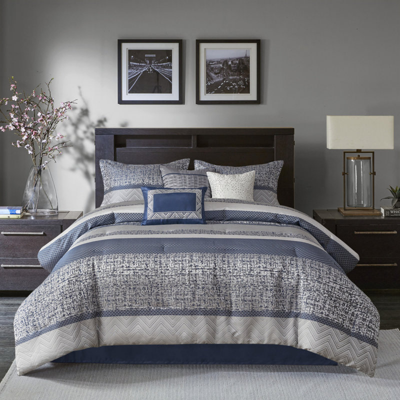 Ensemble d'édredon jacquard bleu marine 7 pièces - Literie luxueuse