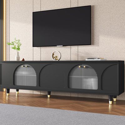 Élégante meuble télé de salon, téléviseur de 78 po, portes en verre cannelé, tablettes réglables, support média noir avec détails dorés, noir, détails dorés,