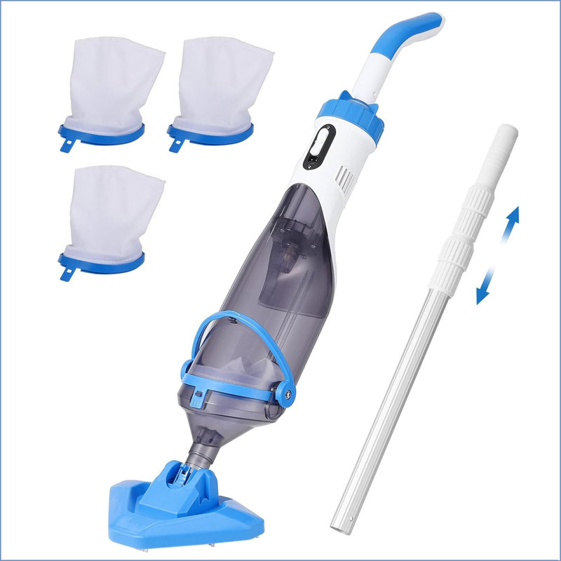 Aspirateur de piscine à main avec mât télescopique, puissance d'aspiration puissante et facilité d'utilisation - Nettoyeur sans fil rechargeable de 80 minutes pour les piscines hors terre et creusées
