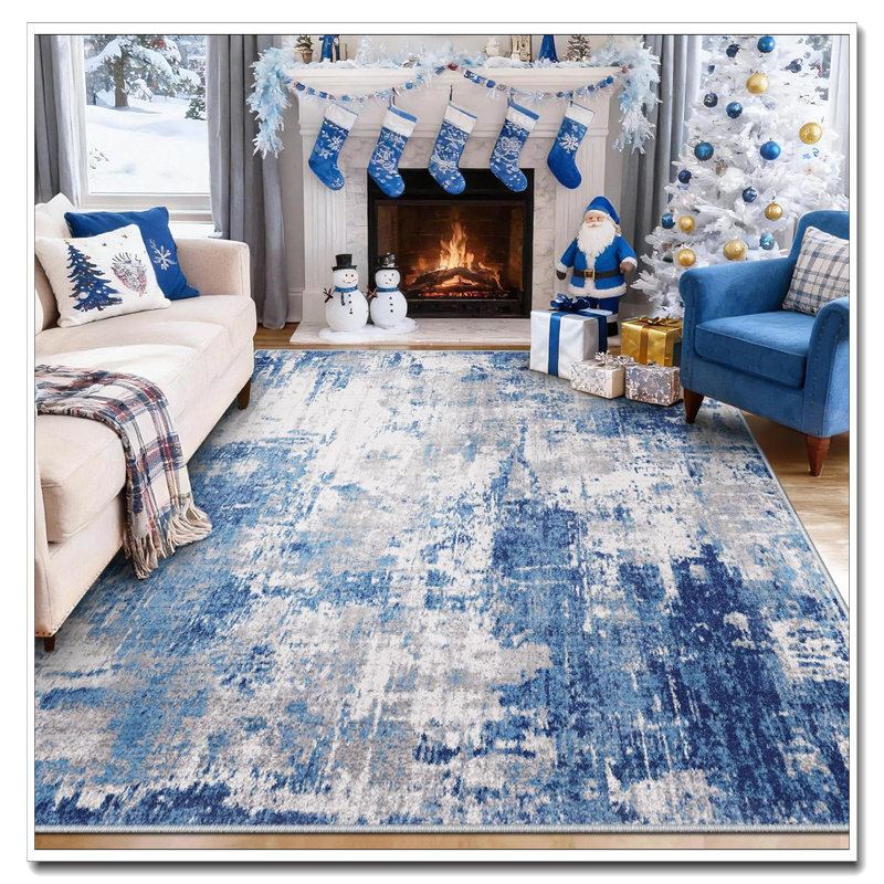 Tides Series 8'X10' Area Rug - Washable Non-Slip (Dark Black Gold) Modern Abstract For Office, Dark Blue/Gold